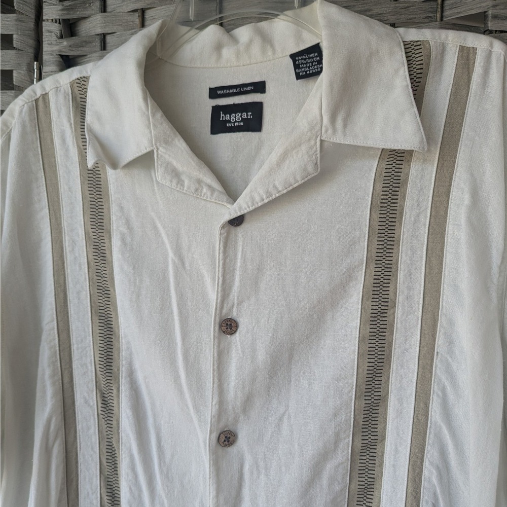 Mens Button Up Camp Shirt White Linen Blend Embroidered Sz L Resortwear Neutral